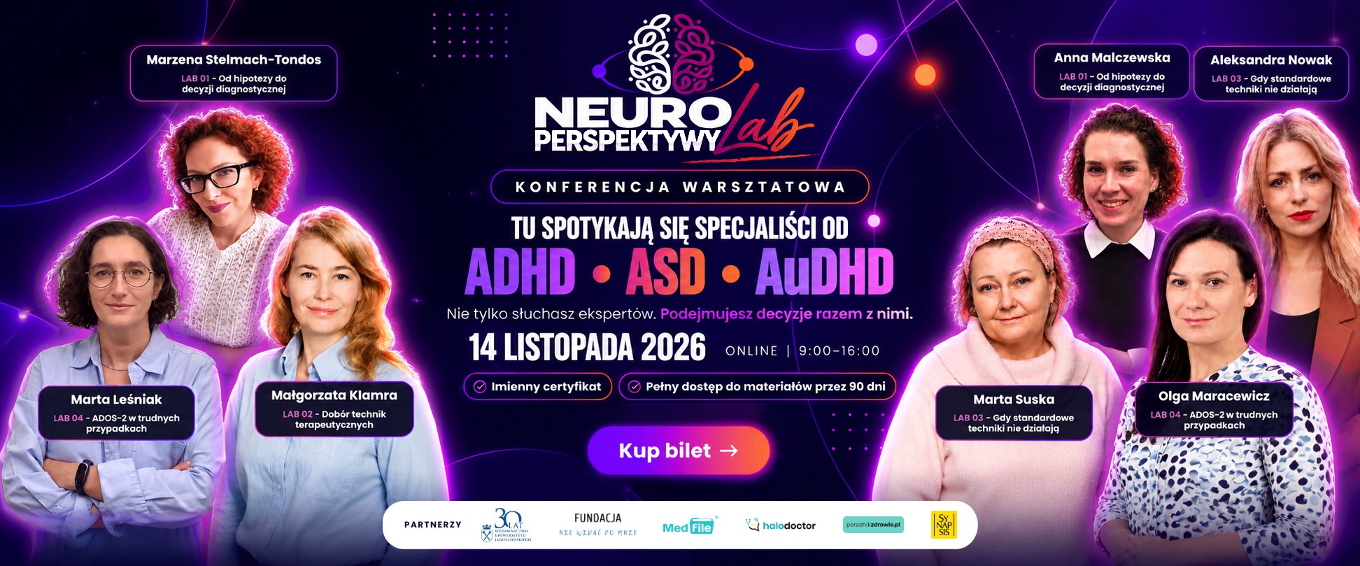 NeuroPerspektywy LAB – konferencja warsztatowa ADHD, ASD i AuDHD, 14 listopada 2026, online 9:00–16:00. Imienny certyfikat, dostęp do materiałów przez 90 dni. Kup bilet