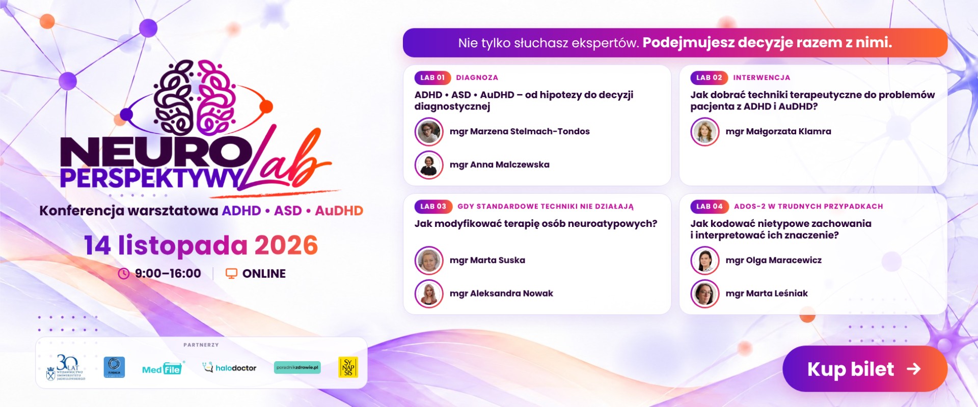 NeuroPerspektywy LAB – konferencja warsztatowa ADHD, ASD i AuDHD, 14 listopada 2026, 9:00–16:00 online. Kup bilet