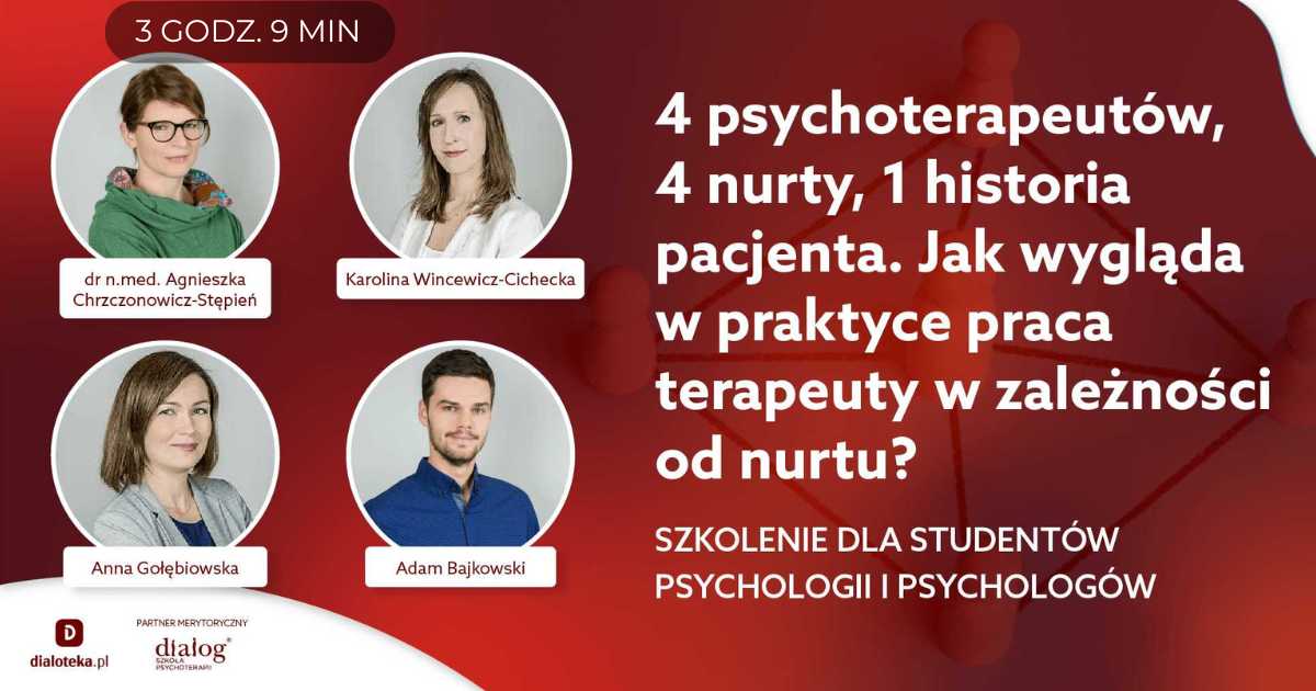 4 PSYCHOTERAPEUTÓW, 4 NURTY, 1 HISTORIA PACJENTA. JAK WYGLĄDA W PRAKTYCE PRACA PSYCHOTERAPEUTY W ZALEŻNOŚCI OD NURTU? Dr n. med. Agnieszka Chrzczonowicz-Stępień, Karolina Wincewicz-Cichecka, Anna Gołębiowska, Adam Bajkowski