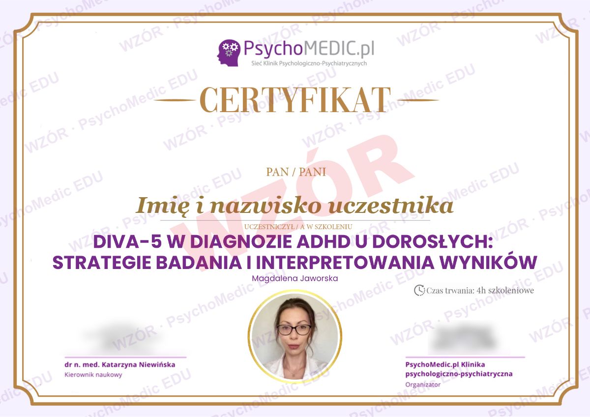 Wzór imiennego certyfikatu szkolenia DIVA-5 w diagnozie ADHD u dorosłych – PsychoMedic